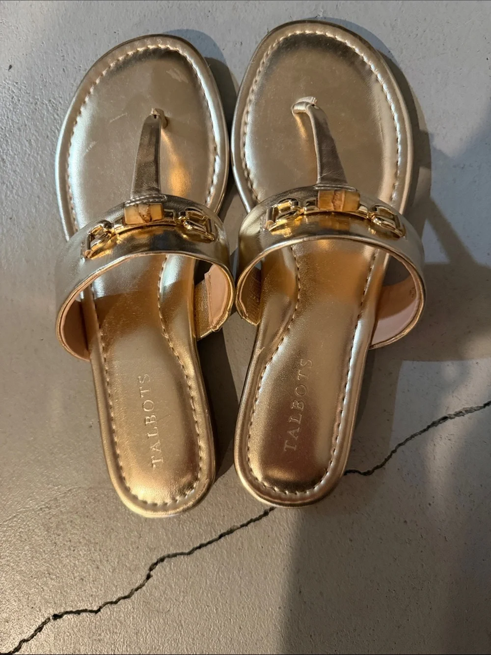 Talbots Metallic Gold Leather Thong Sandals with Horsebit Accent